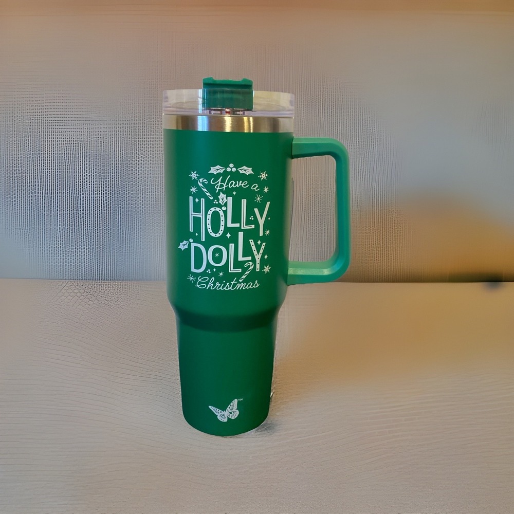 40 Oz. Stainless Travel Tumbler W/Lid - Green- Have‎ A Holly Dolly Christmas